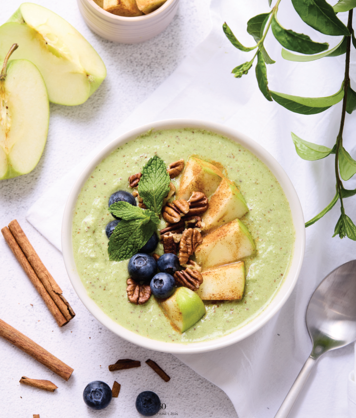 Apple pie green smoothie bowl with cinnamon apple cubes, pecans, blueberries and mint, Fully in Balance recipe by Dalia Brunschwig