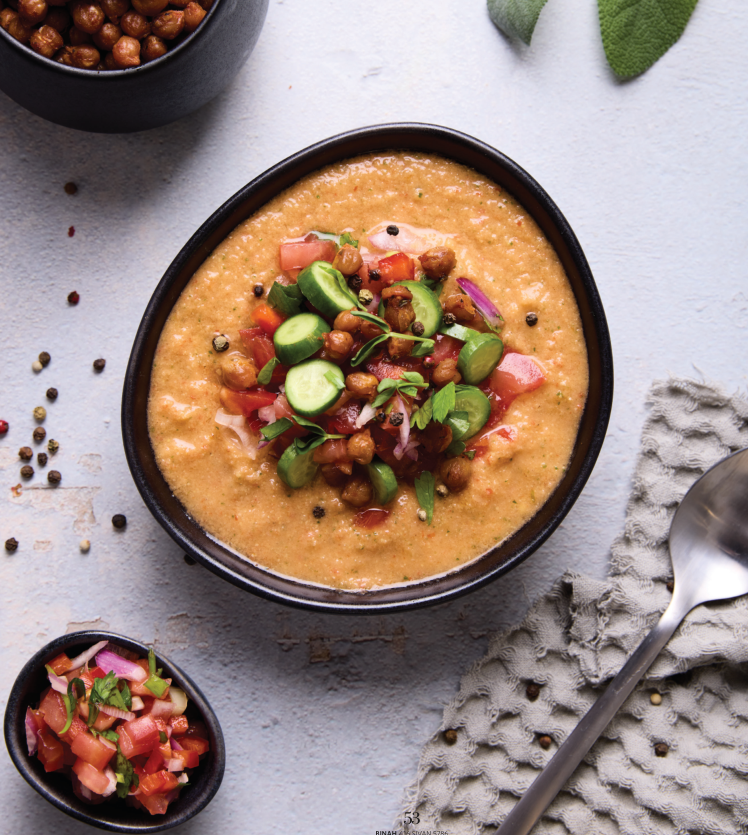 Gazpacho garbanzo smoothie bowl topped with Israeli salad, chickpeas and olive oil, Fully in Balance recipe by Dalia Brunschwig