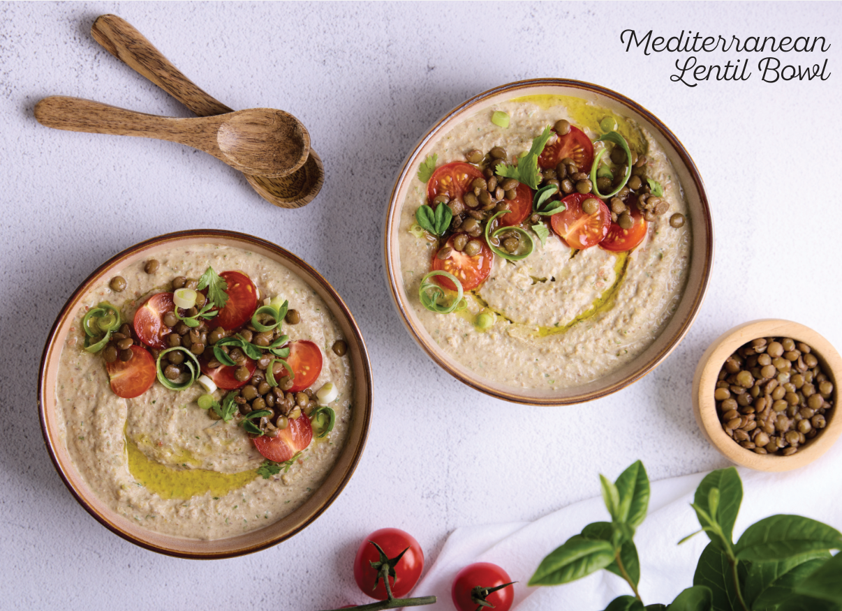 Mediterranean lentil smoothie bowl with tahini, cherry tomatoes and fresh herbs, Fully in Balance recipe by Dalia Brunschwig
